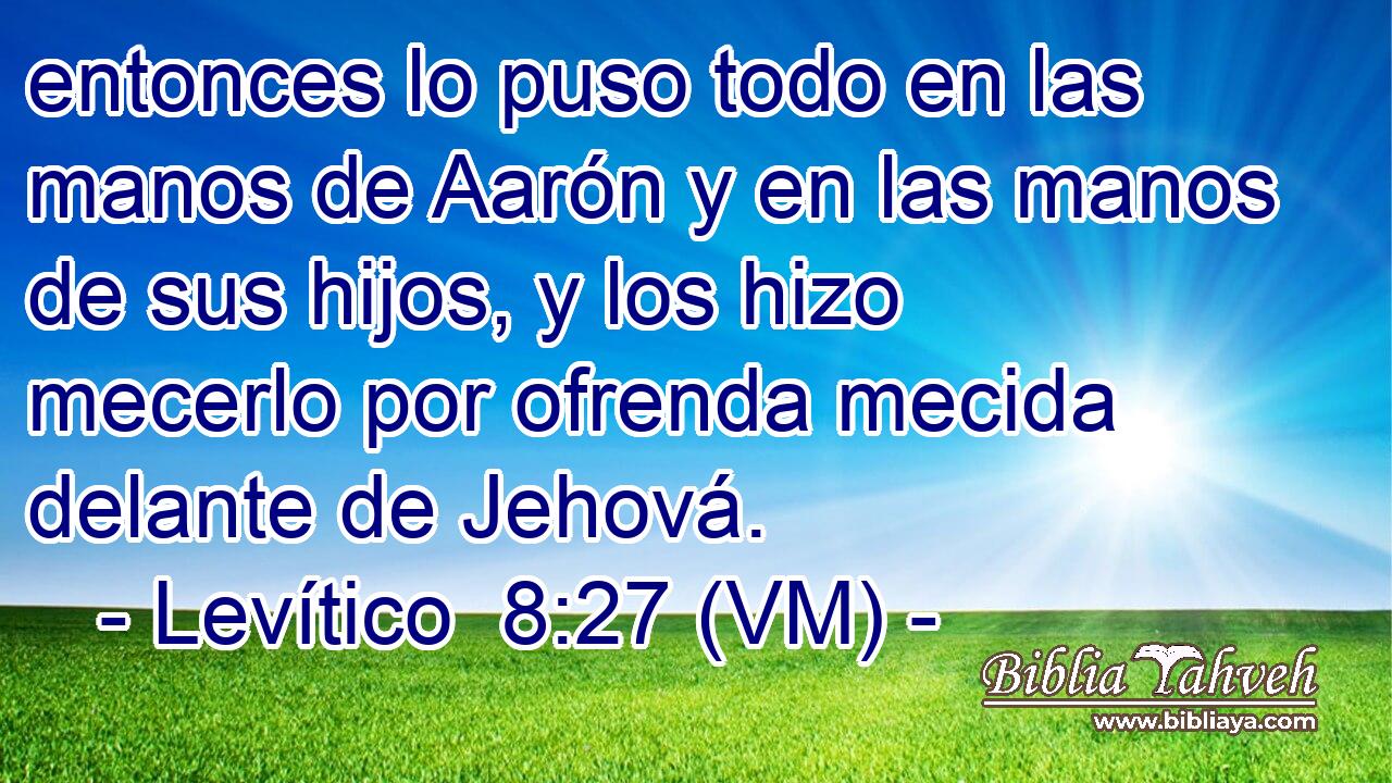  entonces lo puso todo en las manos de Aarón y en las manos de sus hijos, y los hizo mecerlo por ofrenda mecida delante de Jehová. 