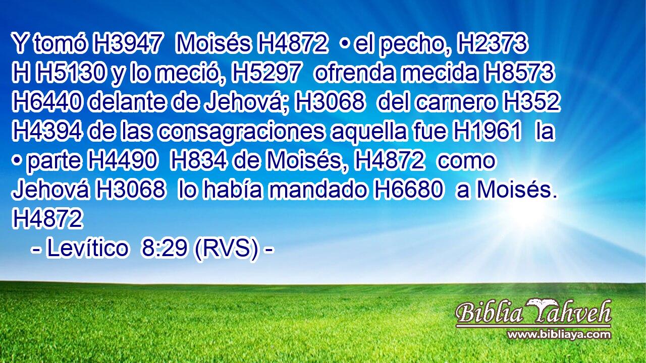 Y tomó H3947  Moisés H4872  • el pecho, H2373 H H5130 y lo meció, H5297  ofrenda mecida H8573  H6440 delante de Jehová; H3068  del carnero H352  H4394 de las consagraciones aquella fue H1961  la • parte H4490  H834 de Moisés, H4872  como Jehová H3068  lo había mandado H6680  a Moisés. H4872  