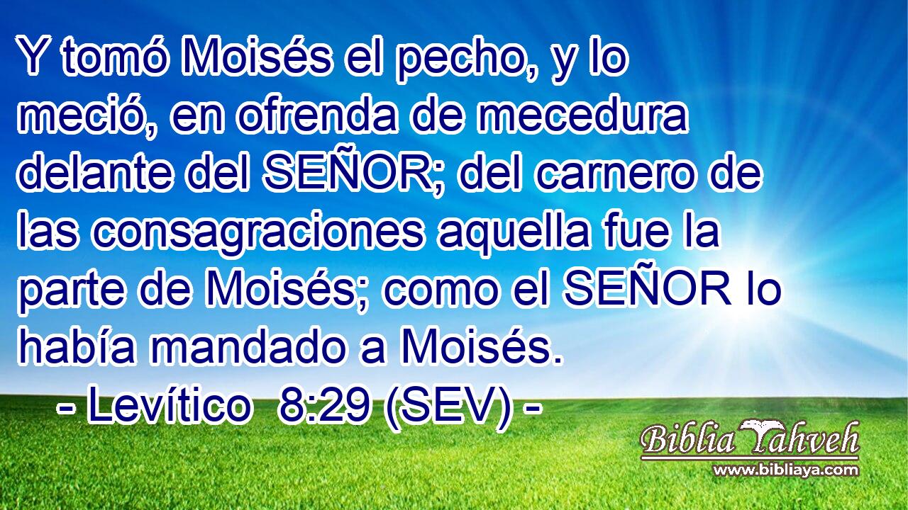 Y tomó Moisés el pecho, y lo meció, en ofrenda de mecedura delante del SEÑOR; del carnero de las consagraciones aquella fue la parte de Moisés; como el SEÑOR lo había mandado a Moisés.