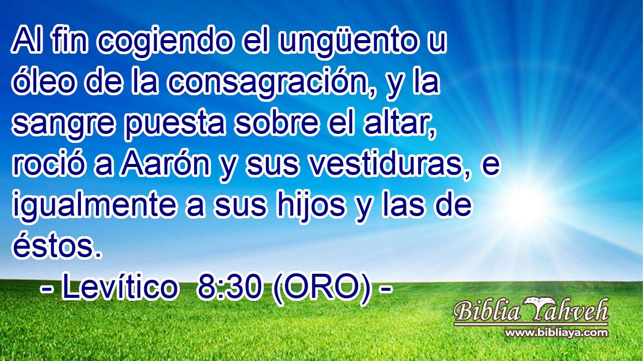  Al fin cogiendo el ungüento u óleo de la consagración, y la sangre puesta sobre el altar, roció a Aarón y sus vestiduras, e igualmente a sus hijos y las de éstos. 