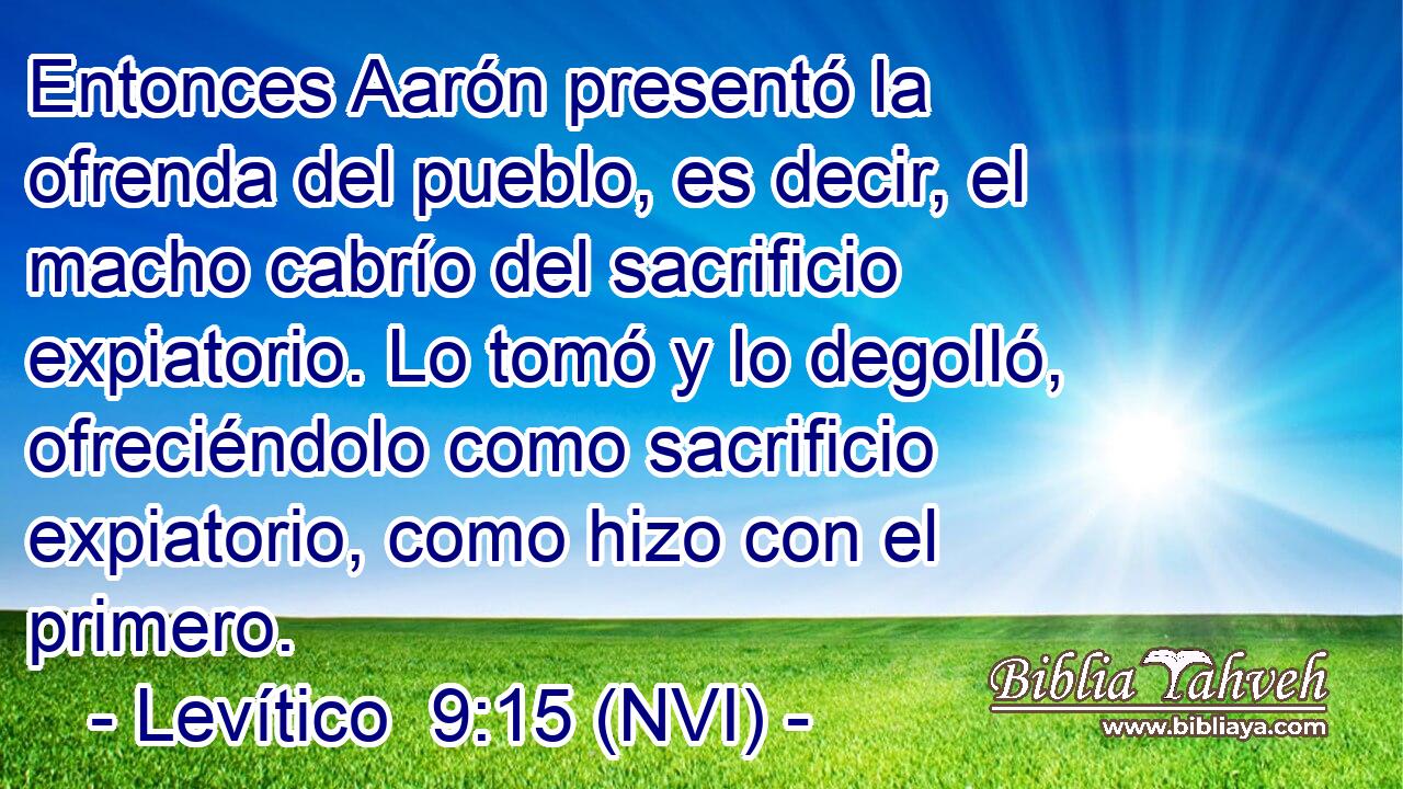  Entonces Aarón presentó la ofrenda del pueblo, es decir, el macho cabrío del sacrificio expiatorio. Lo tomó y lo degolló, ofreciéndolo como sacrificio expiatorio, como hizo con el primero. 