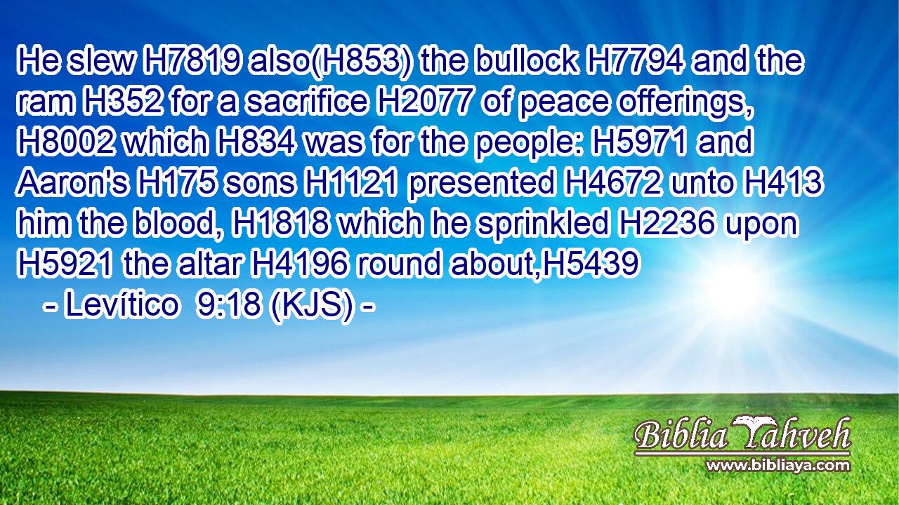 He slew H7819 also(H853) the bullock H7794 and the ram H352 for a sacrifice H2077 of peace offerings, H8002 which H834 was for the people: H5971 and Aaron's H175 sons H1121 presented H4672 unto H413 him the blood, H1818 which he sprinkled H2236 upon H5921 the altar H4196 round about,H5439