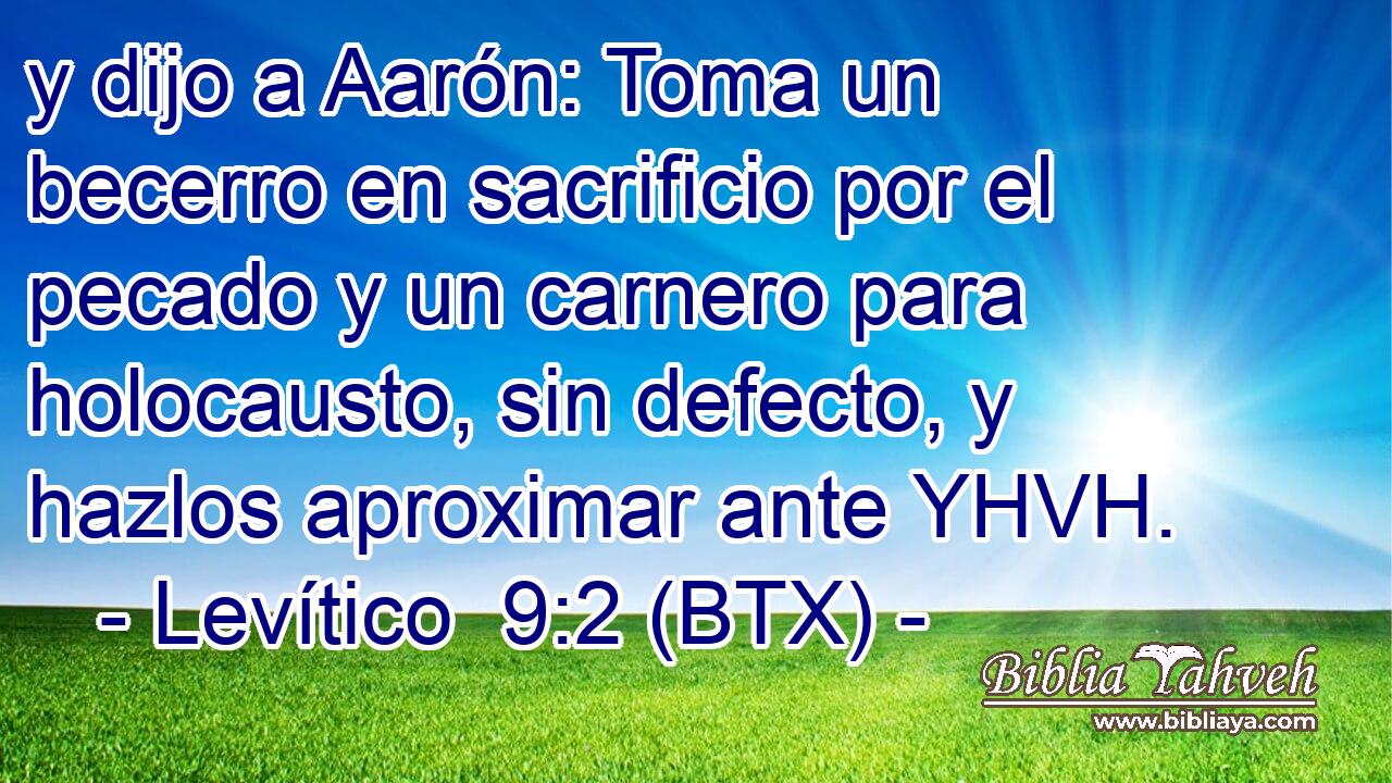y dijo a Aarón: Toma un becerro en sacrificio por el pecado y un carnero para holocausto, sin defecto, y hazlos aproximar ante YHVH.