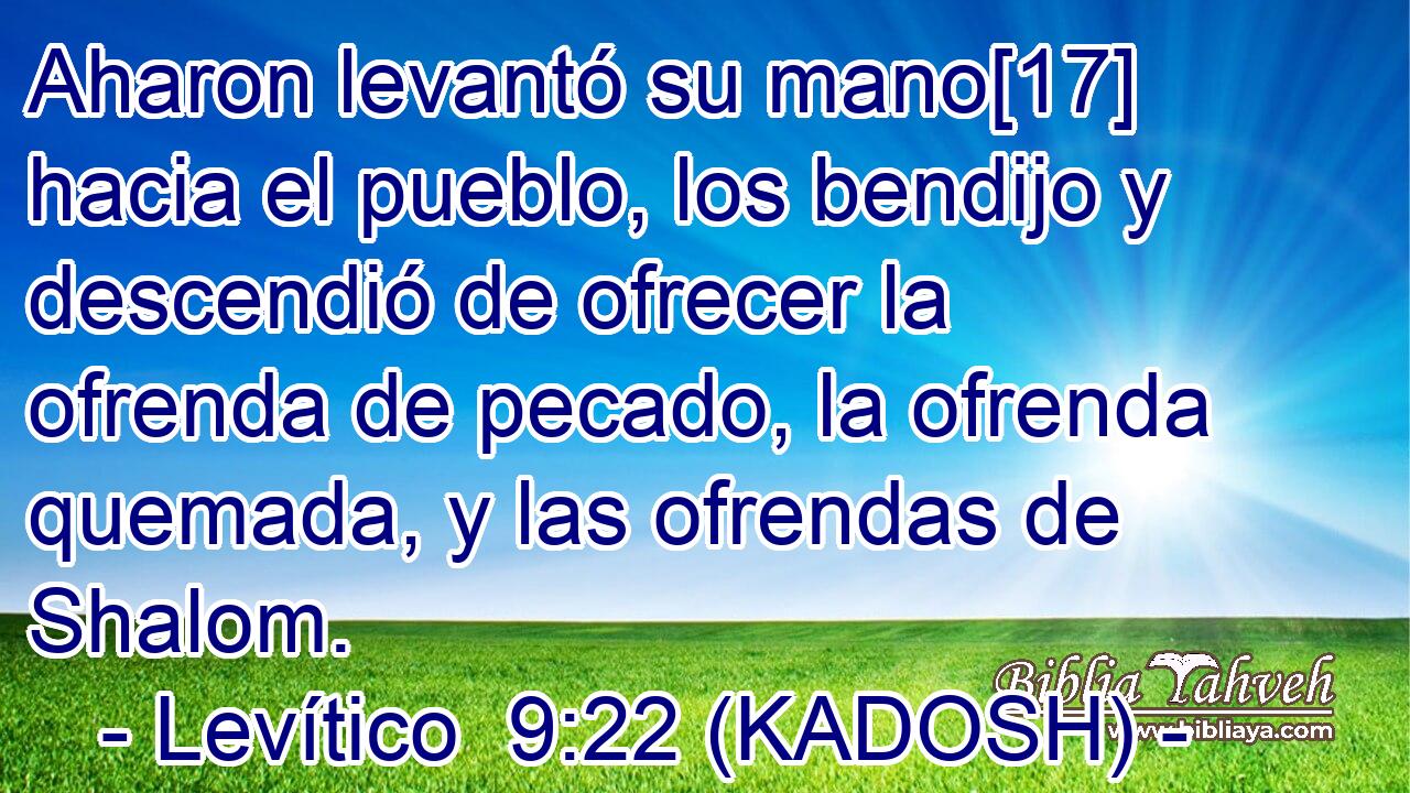  Aharon levantó su mano[17] hacia el pueblo, los bendijo y descendió de ofrecer la ofrenda de pecado, la ofrenda quemada, y las ofrendas de Shalom. 