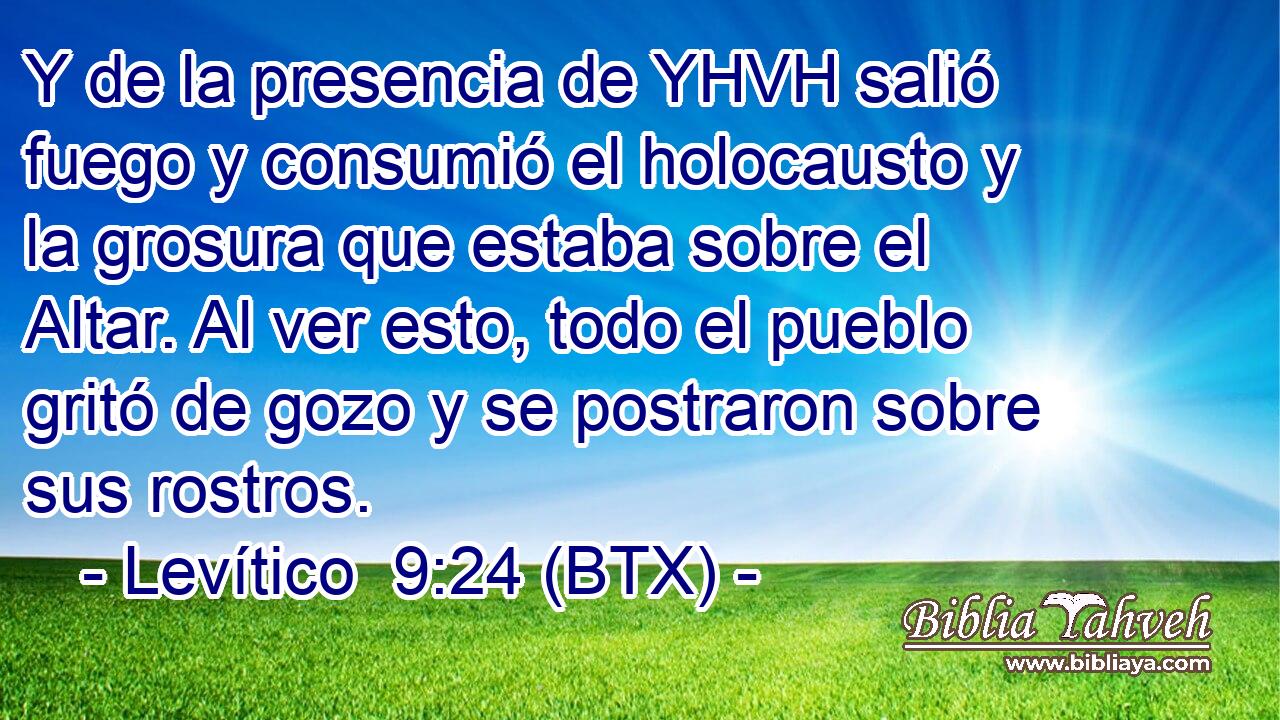 Y de la presencia de YHVH salió fuego y consumió el holocausto y la grosura que estaba sobre el Altar. Al ver esto, todo el pueblo gritó de gozo y se postraron sobre sus rostros.