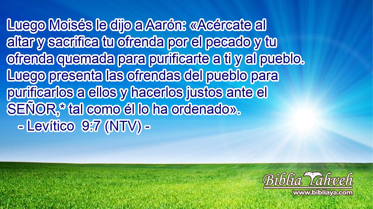 Luego Moisés le dijo a Aarón: «Acércate al altar y sacrifica tu ofrenda por el pecado y tu ofrenda quemada para purificarte a ti y al pueblo. Luego presenta las ofrendas del pueblo para purificarlos a ellos y hacerlos justos ante el SEÑOR,* tal como él lo ha ordenado».