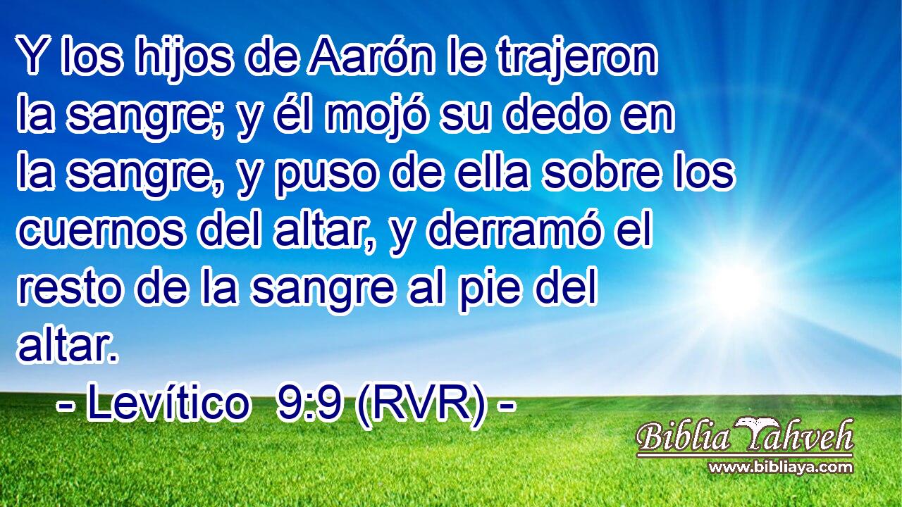 Y los hijos de Aarón le trajeron la sangre; y él mojó su dedo en la sangre, y puso de ella sobre los cuernos del altar, y derramó el resto de la sangre al pie del altar.