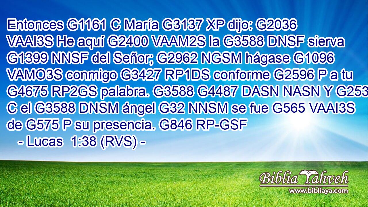 Entonces G1161 C María G3137 XP dijo: G2036 VAAI3S He aquí G2400 VAAM2S la G3588 DNSF sierva G1399 NNSF del Señor; G2962 NGSM hágase G1096 VAMO3S conmigo G3427 RP1DS conforme G2596 P a tu G4675 RP2GS palabra. G3588 G4487 DASN NASN Y G2532 C el G3588 DNSM ángel G32 NNSM se fue G565 VAAI3S de G575 P su presencia. G846 RP-GSF 