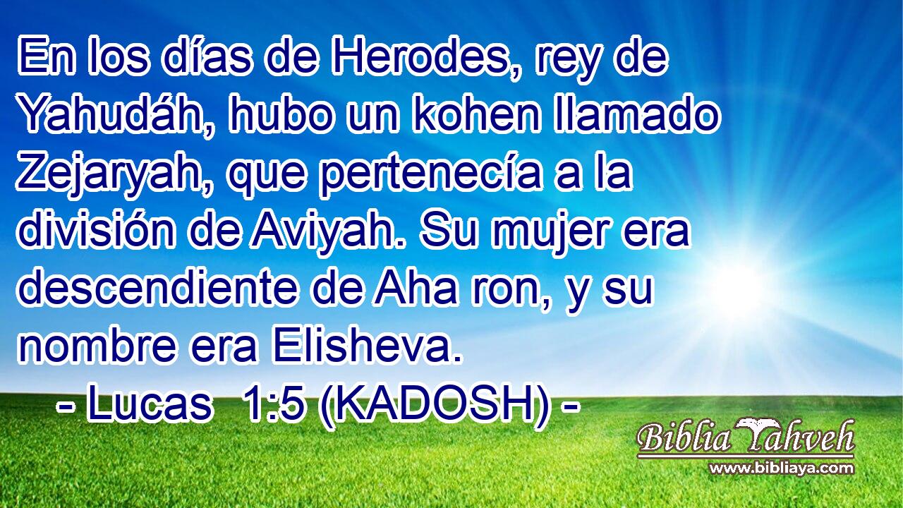  En los días de Herodes, rey de Yahudáh, hubo un kohen llamado Zejaryah, que pertenecía a la división de Aviyah. Su mujer era descendiente de Aha ron, y su nombre era Elisheva. 