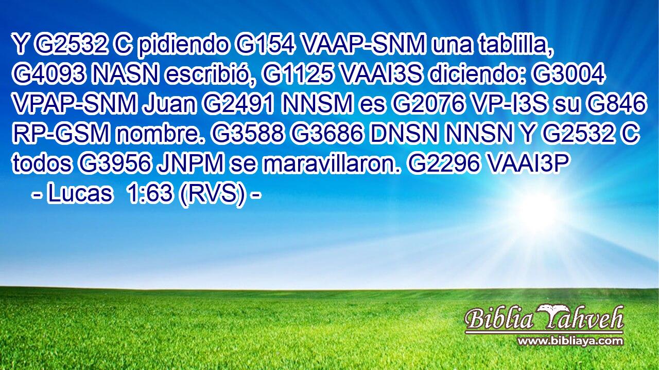 Y G2532 C pidiendo G154 VAAP-SNM una tablilla, G4093 NASN escribió, G1125 VAAI3S diciendo: G3004 VPAP-SNM Juan G2491 NNSM es G2076 VP-I3S su G846 RP-GSM nombre. G3588 G3686 DNSN NNSN Y G2532 C todos G3956 JNPM se maravillaron. G2296 VAAI3P 