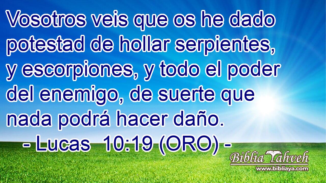  Vosotros veis que os he dado potestad de hollar serpientes, y escorpiones, y todo el poder del enemigo, de suerte que nada podrá hacer daño. 