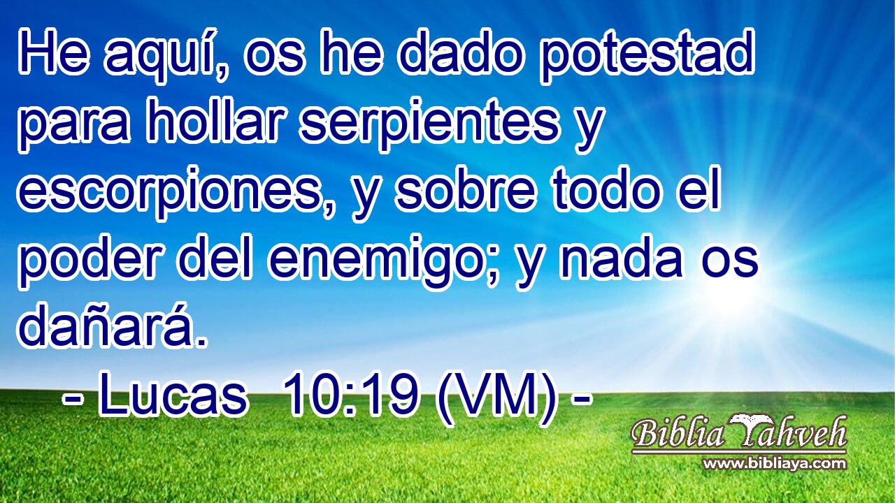  He aquí, os he dado potestad para hollar serpientes y escorpiones, y sobre todo el poder del enemigo; y nada os dañará. 