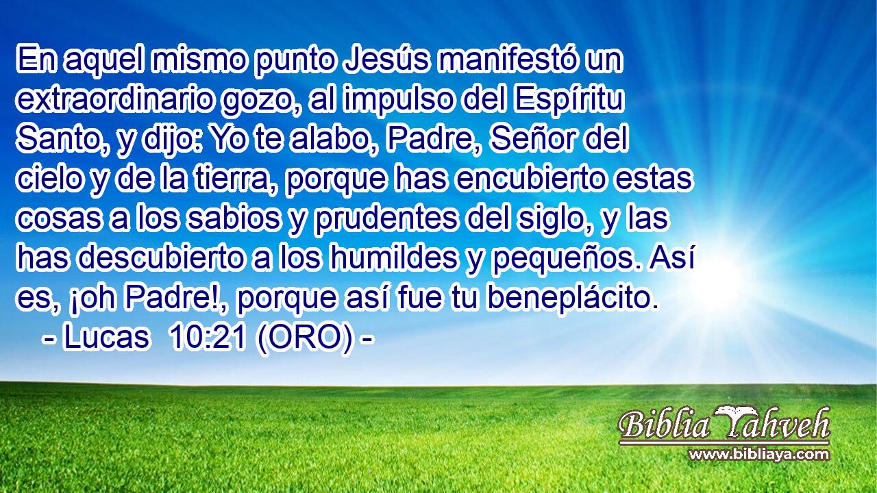  En aquel mismo punto Jesús manifestó un extraordinario gozo, al impulso del Espíritu Santo, y dijo: Yo te alabo, Padre, Señor del cielo y de la tierra, porque has encubierto estas cosas a los sabios y prudentes del siglo, y las has descubierto a los humildes y pequeños. Así es, ¡oh Padre!, porque así fue tu beneplácito. 