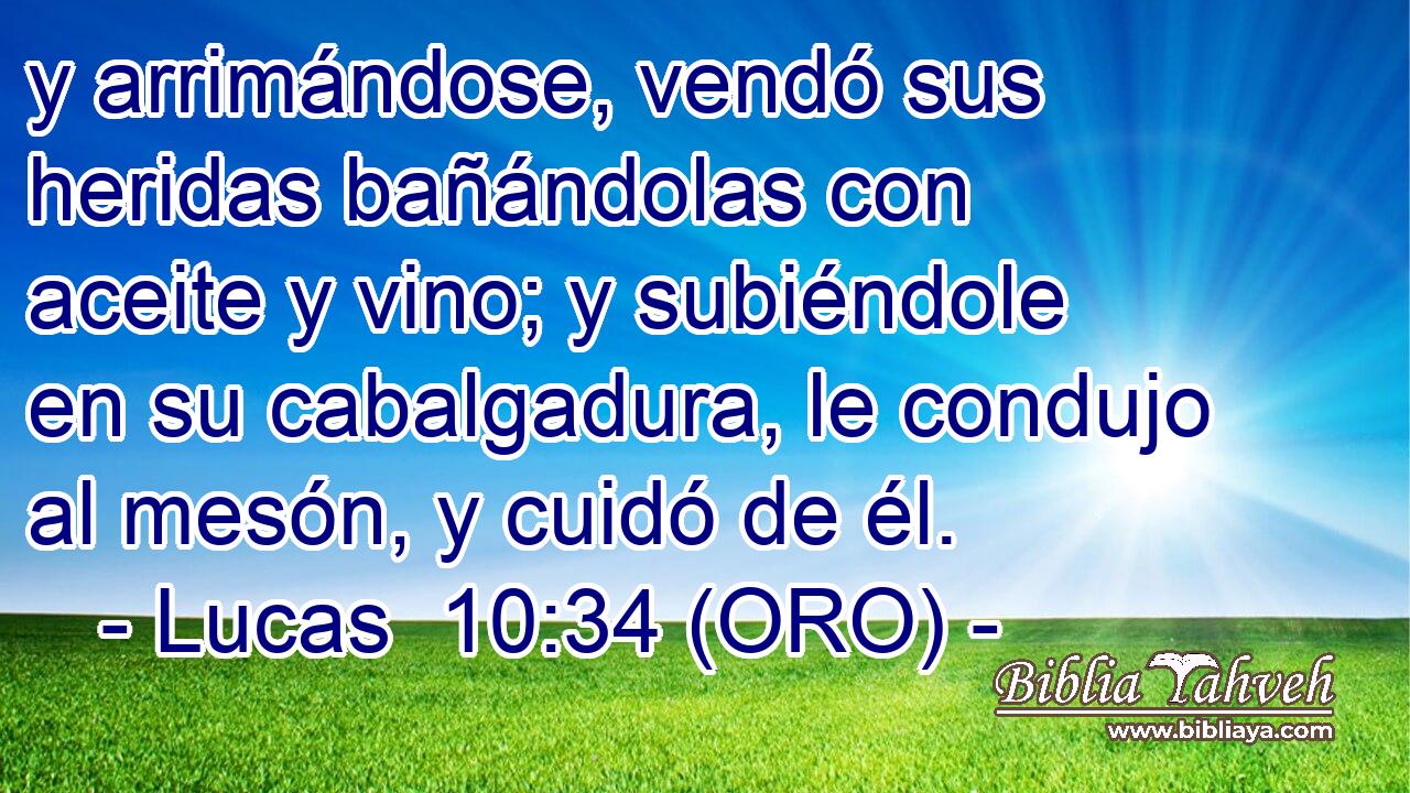  y arrimándose, vendó sus heridas bañándolas con aceite y vino; y subiéndole en su cabalgadura, le condujo al mesón, y cuidó de él. 