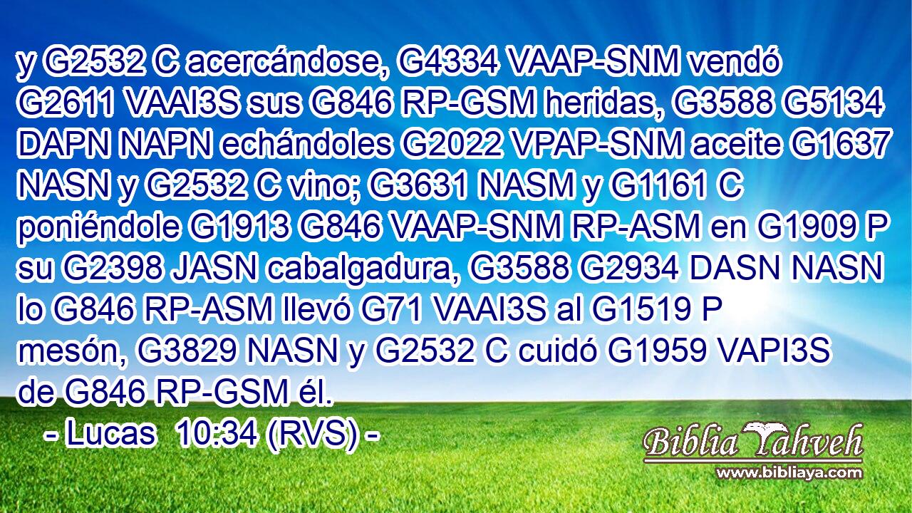 y G2532 C acercándose, G4334 VAAP-SNM vendó G2611 VAAI3S sus G846 RP-GSM heridas, G3588 G5134 DAPN NAPN echándoles G2022 VPAP-SNM aceite G1637 NASN y G2532 C vino; G3631 NASM y G1161 C poniéndole G1913 G846 VAAP-SNM RP-ASM en G1909 P su G2398 JASN cabalgadura, G3588 G2934 DASN NASN lo G846 RP-ASM llevó G71 VAAI3S al G1519 P mesón, G3829 NASN y G2532 C cuidó G1959 VAPI3S de G846 RP-GSM él. 