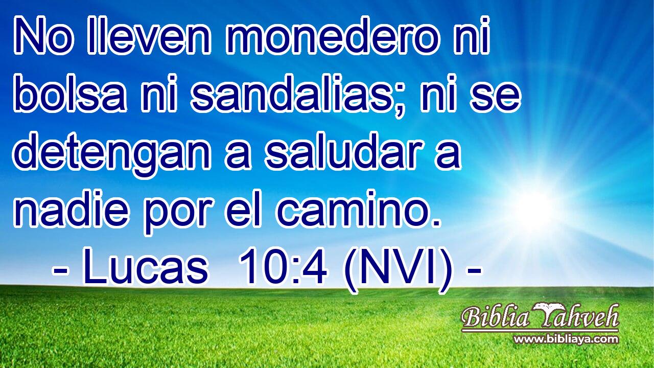  No lleven monedero ni bolsa ni sandalias; ni se detengan a saludar a nadie por el camino. 