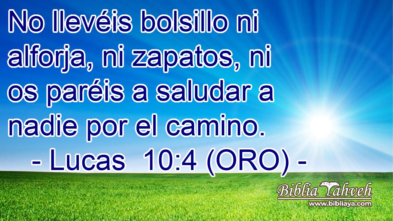  No llevéis bolsillo ni alforja, ni zapatos, ni os paréis a saludar a nadie por el camino. 