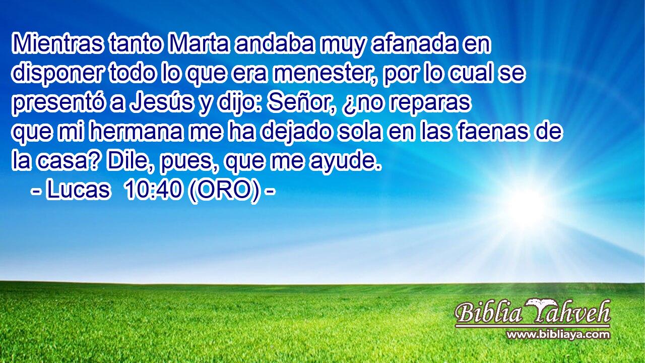  Mientras tanto Marta andaba muy afanada en disponer todo lo que era menester, por lo cual se presentó a Jesús y dijo: Señor, ¿no reparas que mi hermana me ha dejado sola en las faenas de la casa? Dile, pues, que me ayude. 