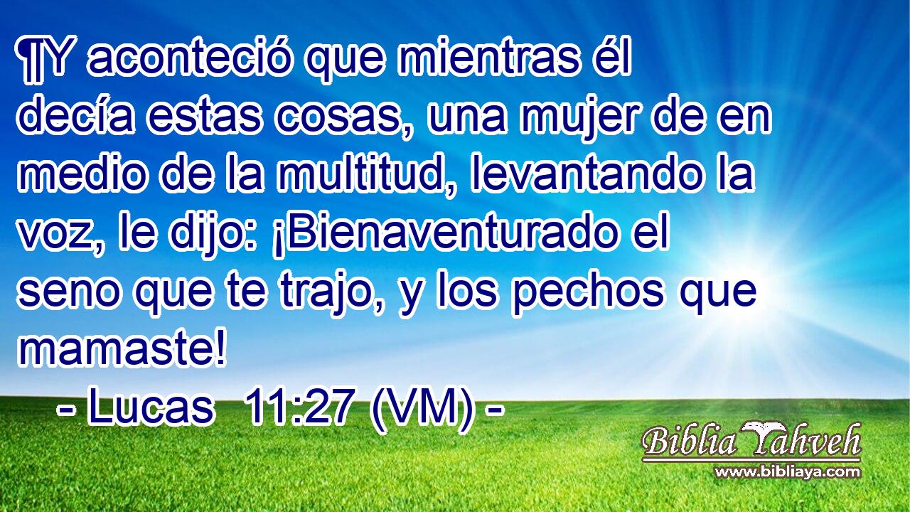  ¶Y aconteció que mientras él decía estas cosas, una mujer de en medio de la multitud, levantando la voz, le dijo: ¡Bienaventurado el seno que te trajo, y los pechos que mamaste! 