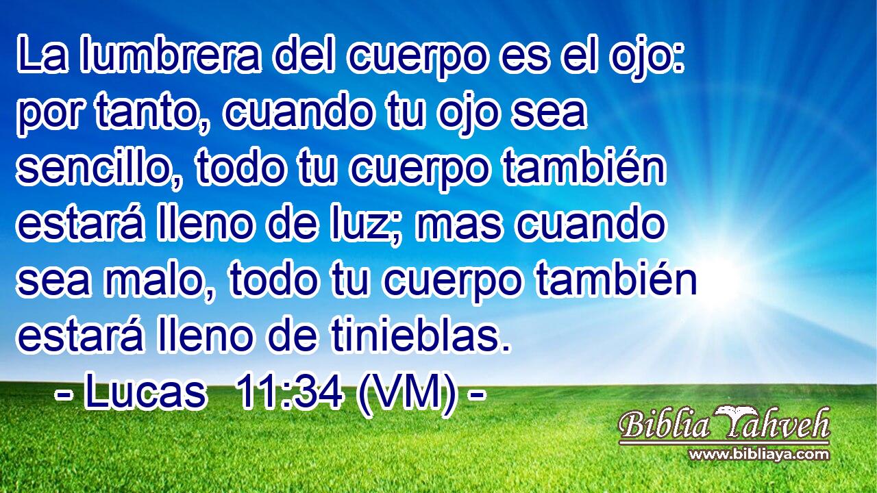  La lumbrera del cuerpo es el ojo: por tanto, cuando tu ojo sea sencillo, todo tu cuerpo también estará lleno de luz; mas cuando sea malo, todo tu cuerpo también estará lleno de tinieblas. 