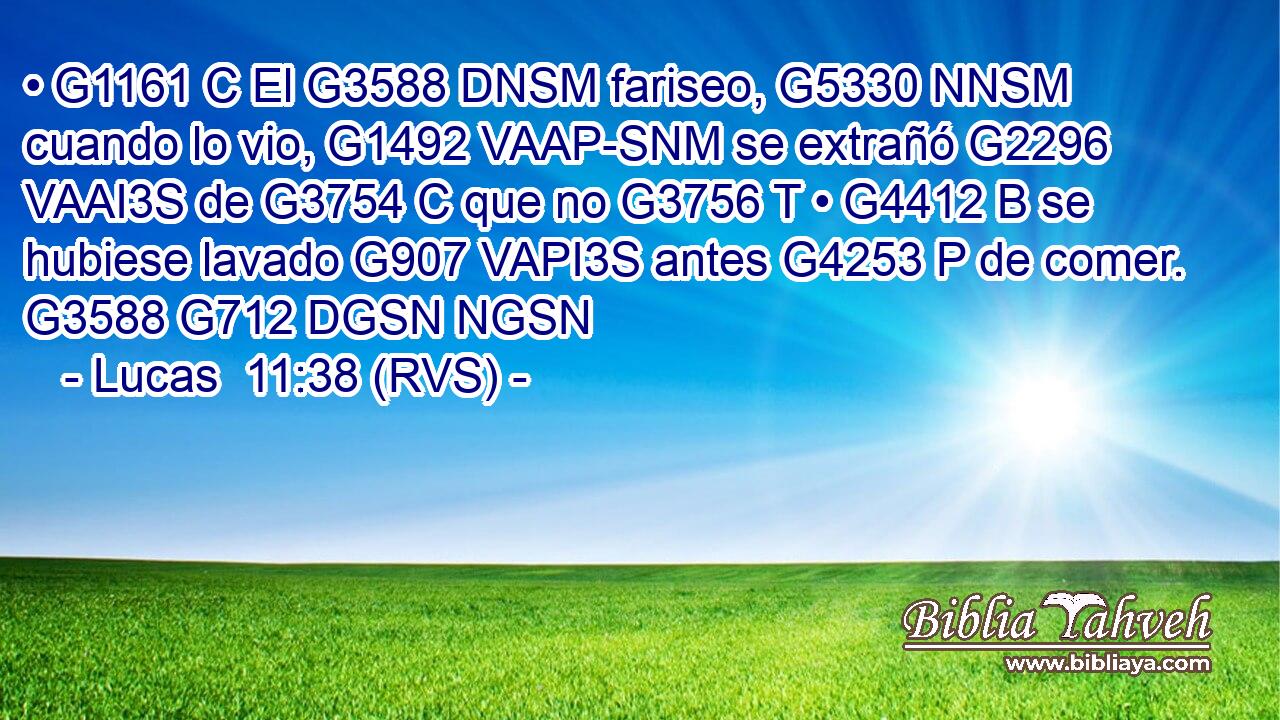 • G1161 C El G3588 DNSM fariseo, G5330 NNSM cuando lo vio, G1492 VAAP-SNM se extrañó G2296 VAAI3S de G3754 C que no G3756 T • G4412 B se hubiese lavado G907 VAPI3S antes G4253 P de comer. G3588 G712 DGSN NGSN 