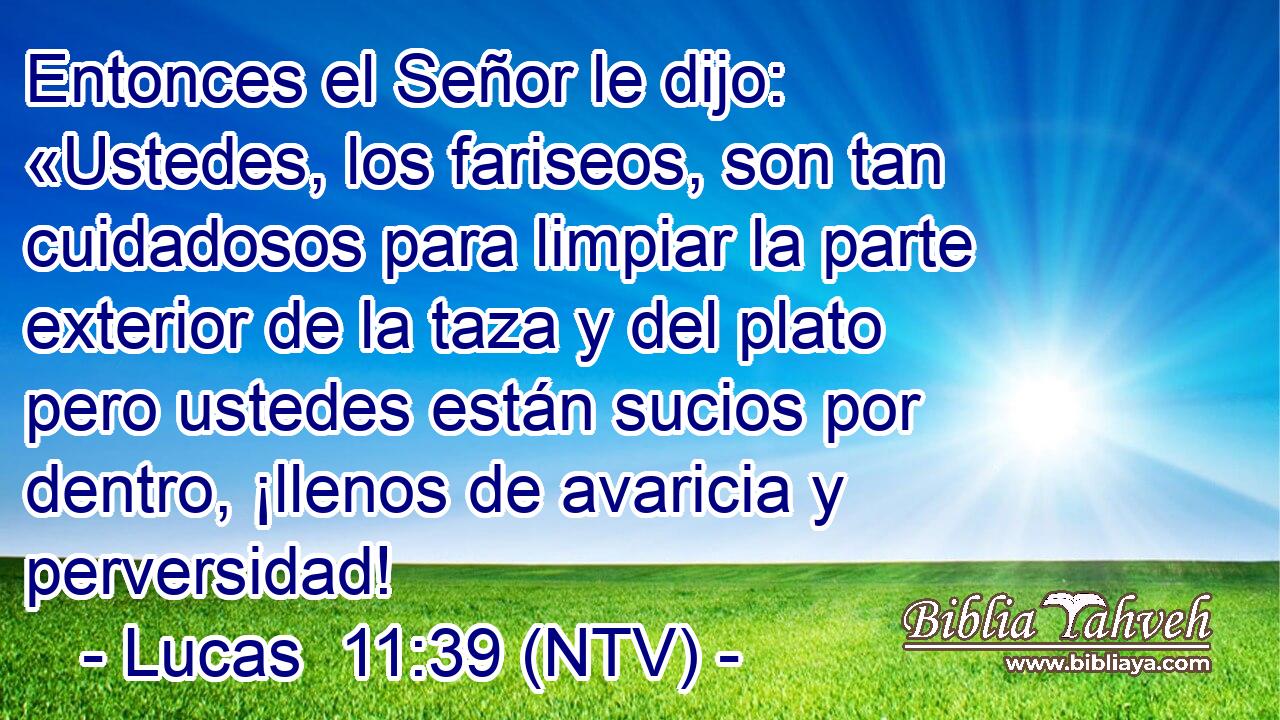 Entonces el Señor le dijo: «Ustedes, los fariseos, son tan cuidadosos para limpiar la parte exterior de la taza y del plato pero ustedes están sucios por dentro, ¡llenos de avaricia y perversidad!