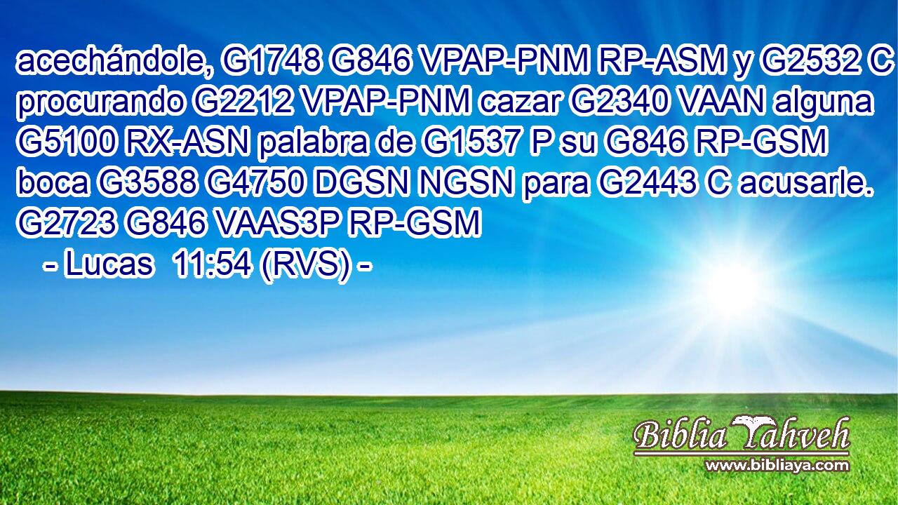acechándole, G1748 G846 VPAP-PNM RP-ASM y G2532 C procurando G2212 VPAP-PNM cazar G2340 VAAN alguna G5100 RX-ASN palabra de G1537 P su G846 RP-GSM boca G3588 G4750 DGSN NGSN para G2443 C acusarle. G2723 G846 VAAS3P RP-GSM 