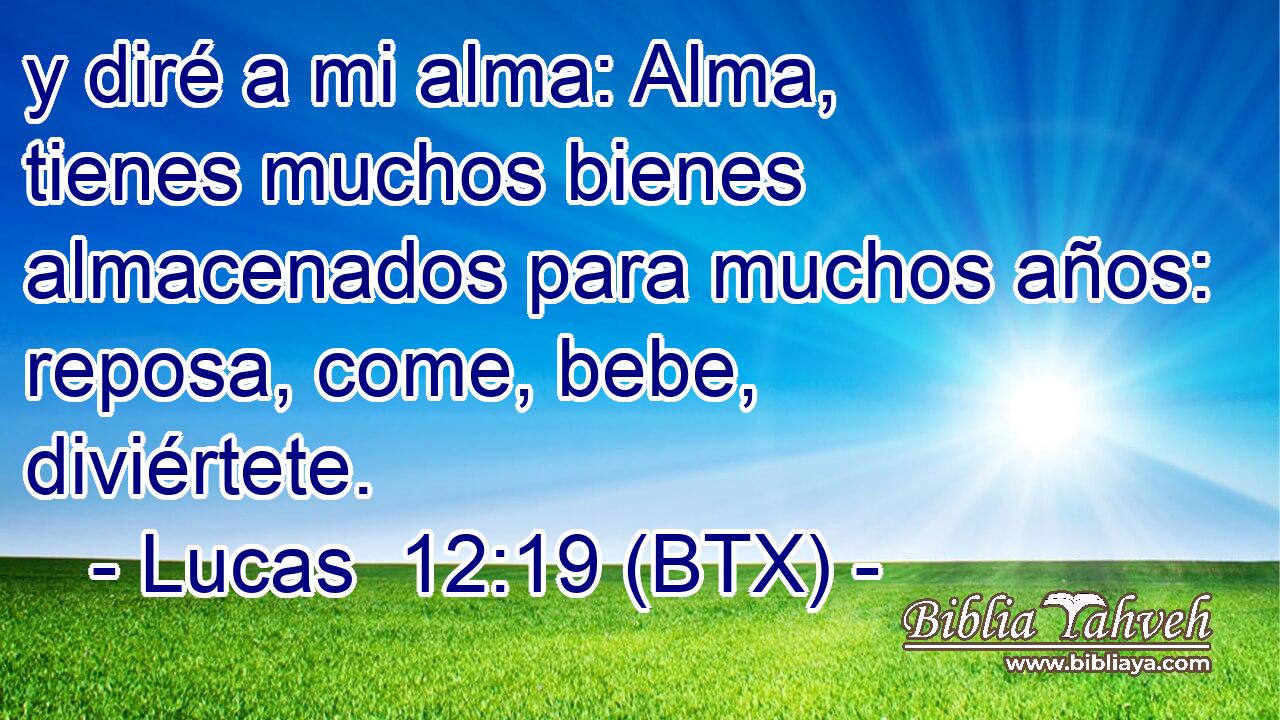 y diré a mi alma: Alma, tienes muchos bienes almacenados para muchos años: reposa, come, bebe, diviértete.