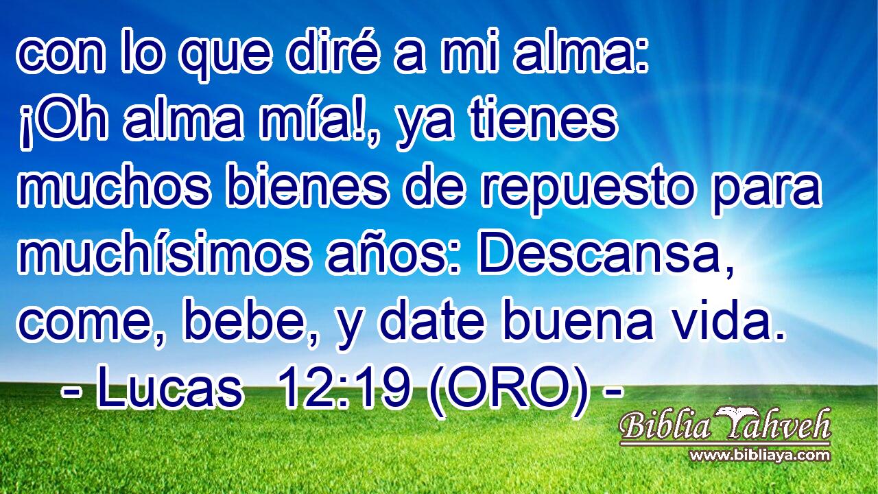  con lo que diré a mi alma: ¡Oh alma mía!, ya tienes muchos bienes de repuesto para muchísimos años: Descansa, come, bebe, y date buena vida. 