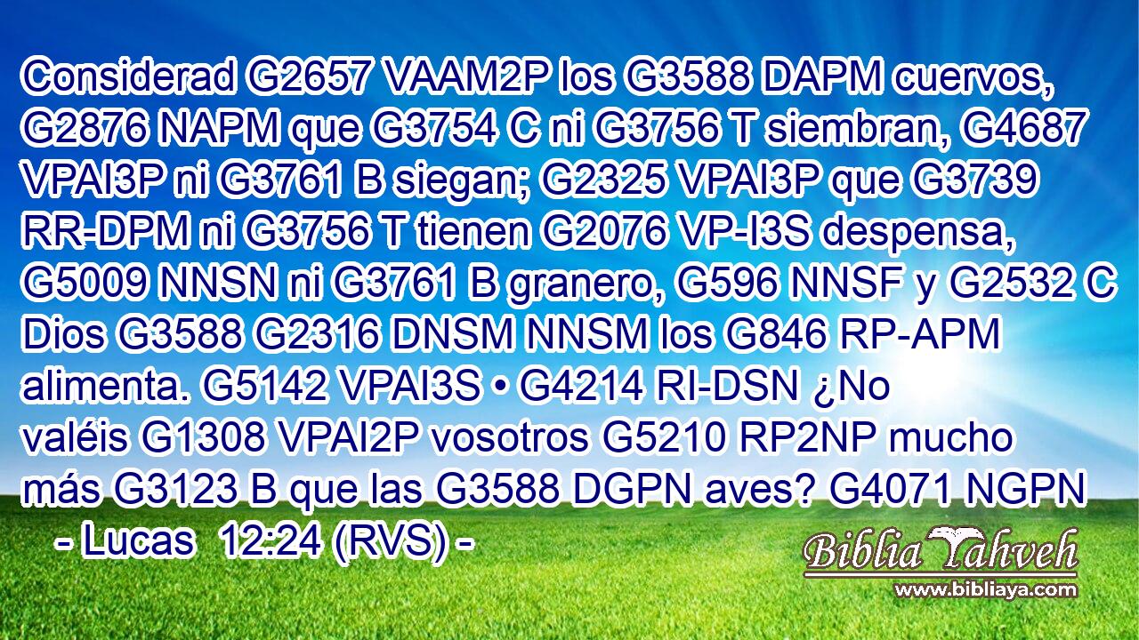 Considerad G2657 VAAM2P los G3588 DAPM cuervos, G2876 NAPM que G3754 C ni G3756 T siembran, G4687 VPAI3P ni G3761 B siegan; G2325 VPAI3P que G3739 RR-DPM ni G3756 T tienen G2076 VP-I3S despensa, G5009 NNSN ni G3761 B granero, G596 NNSF y G2532 C Dios G3588 G2316 DNSM NNSM los G846 RP-APM alimenta. G5142 VPAI3S • G4214 RI-DSN ¿No valéis G1308 VPAI2P vosotros G5210 RP2NP mucho más G3123 B que las G3588 DGPN aves? G4071 NGPN 