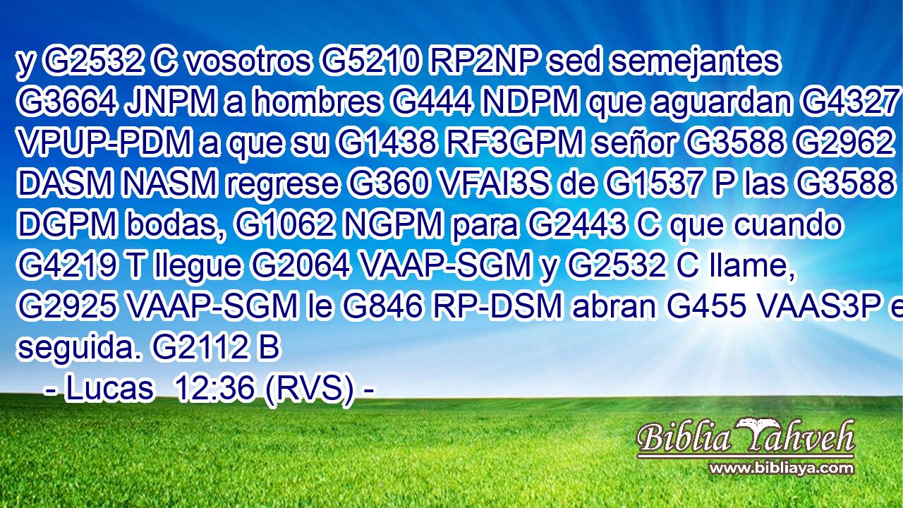 y G2532 C vosotros G5210 RP2NP sed semejantes G3664 JNPM a hombres G444 NDPM que aguardan G4327 VPUP-PDM a que su G1438 RF3GPM señor G3588 G2962 DASM NASM regrese G360 VFAI3S de G1537 P las G3588 DGPM bodas, G1062 NGPM para G2443 C que cuando G4219 T llegue G2064 VAAP-SGM y G2532 C llame, G2925 VAAP-SGM le G846 RP-DSM abran G455 VAAS3P en seguida. G2112 B 