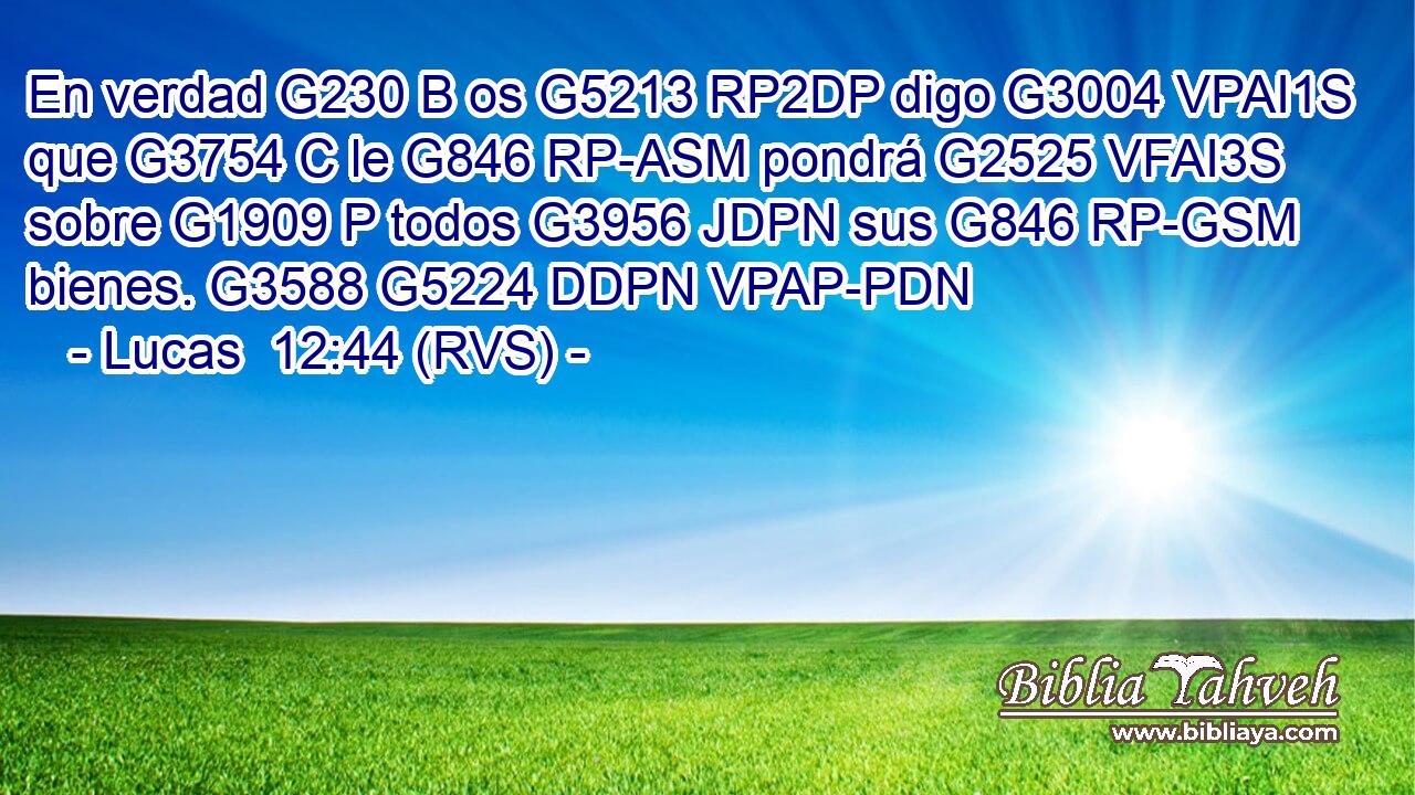 En verdad G230 B os G5213 RP2DP digo G3004 VPAI1S que G3754 C le G846 RP-ASM pondrá G2525 VFAI3S sobre G1909 P todos G3956 JDPN sus G846 RP-GSM bienes. G3588 G5224 DDPN VPAP-PDN 