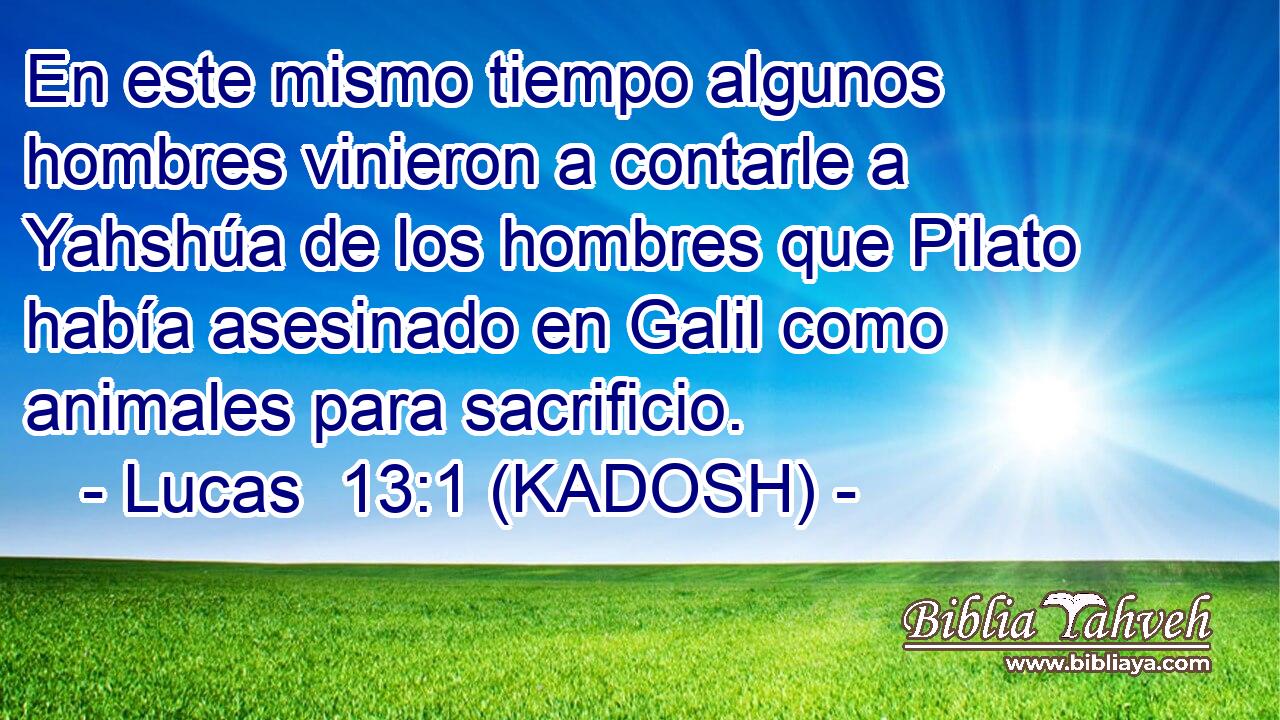  En este mismo tiempo algunos hombres vinieron a contarle a Yahshúa de los hombres que Pilato había asesinado en Galil como animales para sacrificio. 