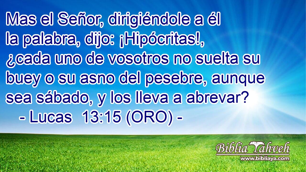  Mas el Señor, dirigiéndole a él la palabra, dijo: ¡Hipócritas!, ¿cada uno de vosotros no suelta su buey o su asno del pesebre, aunque sea sábado, y los lleva a abrevar? 
