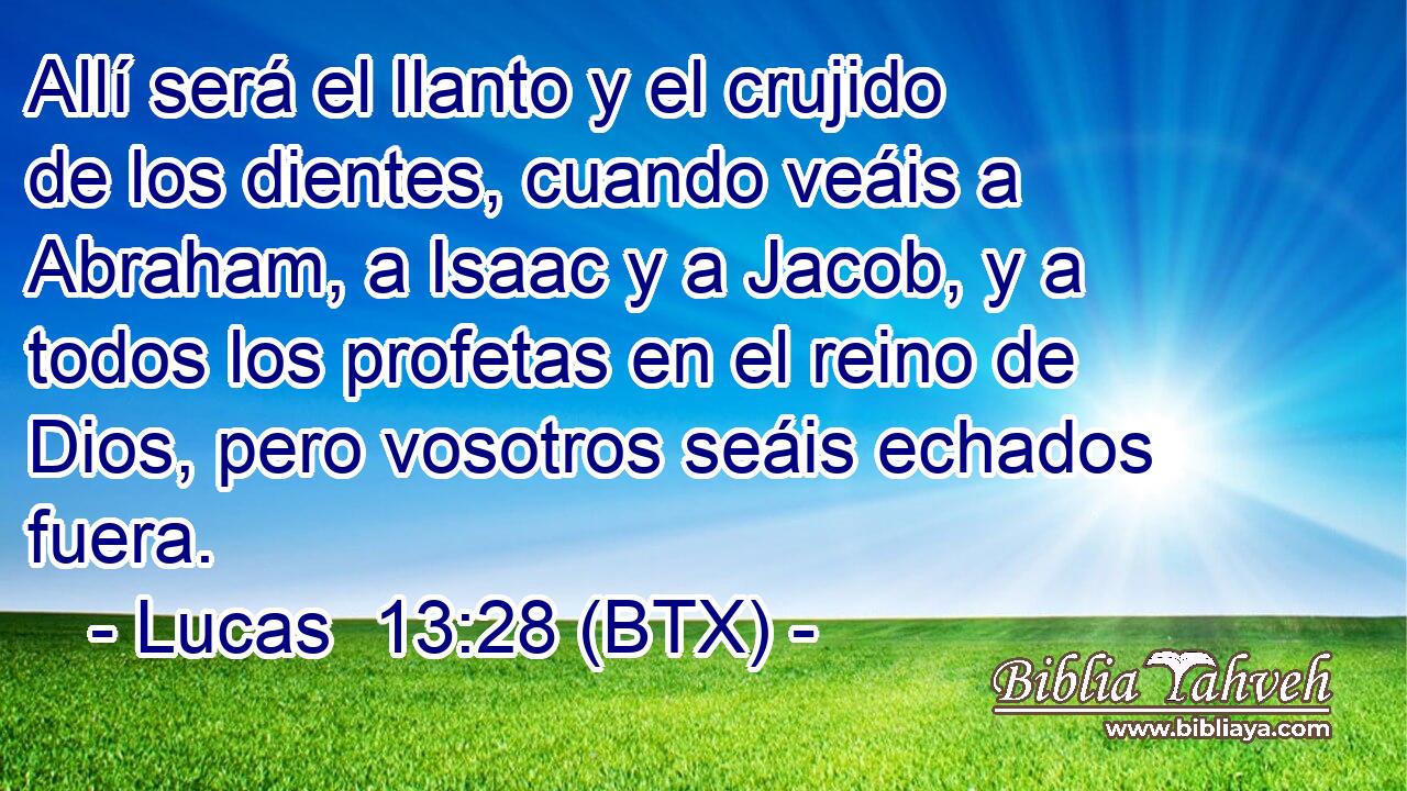 Allí será el llanto y el crujido de los dientes, cuando veáis a Abraham, a Isaac y a Jacob, y a todos los profetas en el reino de Dios, pero vosotros seáis echados fuera.