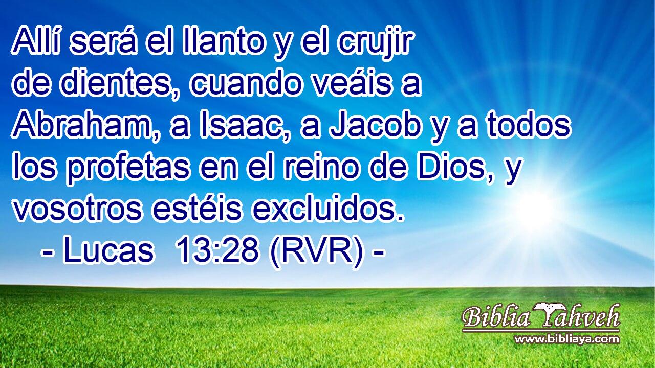Allí será el llanto y el crujir de dientes, cuando veáis a Abraham, a Isaac, a Jacob y a todos los profetas en el reino de Dios, y vosotros estéis excluidos.