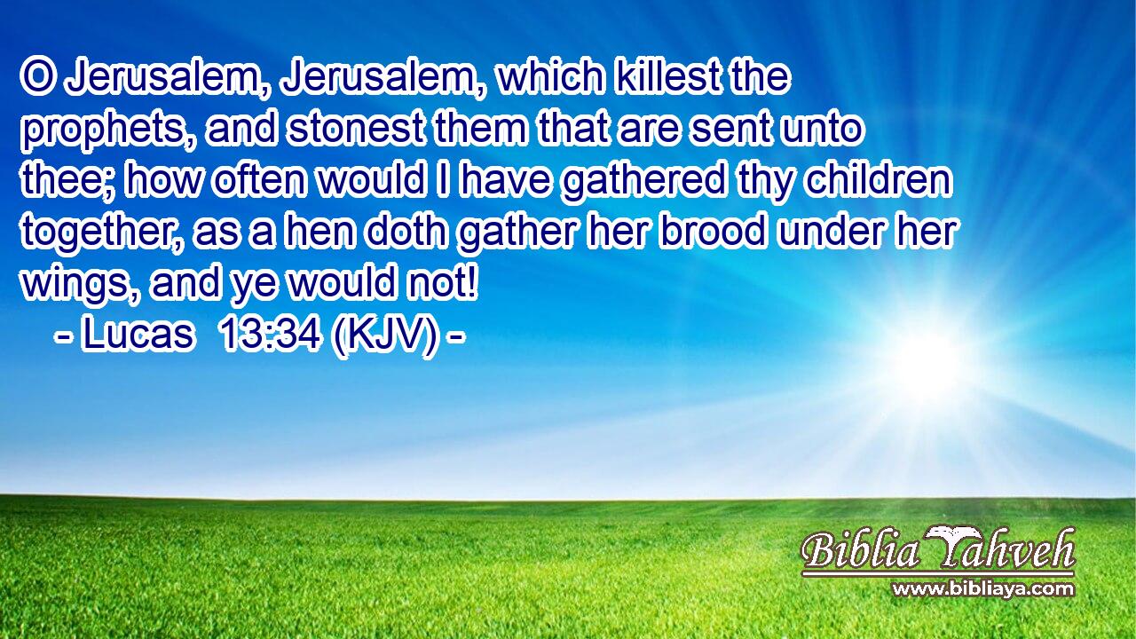 O Jerusalem, Jerusalem, which killest the prophets, and stonest them that are sent unto thee; how often would I have gathered thy children together, as a hen doth gather her brood under her wings, and ye would not!