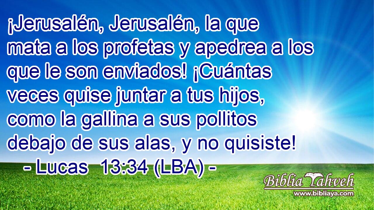 ¡Jerusalén, Jerusalén, la que mata a los profetas y apedrea a los que le son enviados! ¡Cuántas veces quise juntar a tus hijos, como la gallina a sus pollitos debajo de sus alas, y no quisiste!