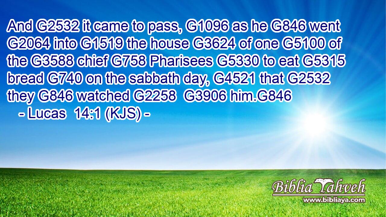 And G2532 it came to pass, G1096 as he G846 went G2064 into G1519 the house G3624 of one G5100 of the G3588 chief G758 Pharisees G5330 to eat G5315 bread G740 on the sabbath day, G4521 that G2532 they G846 watched G2258  G3906 him.G846