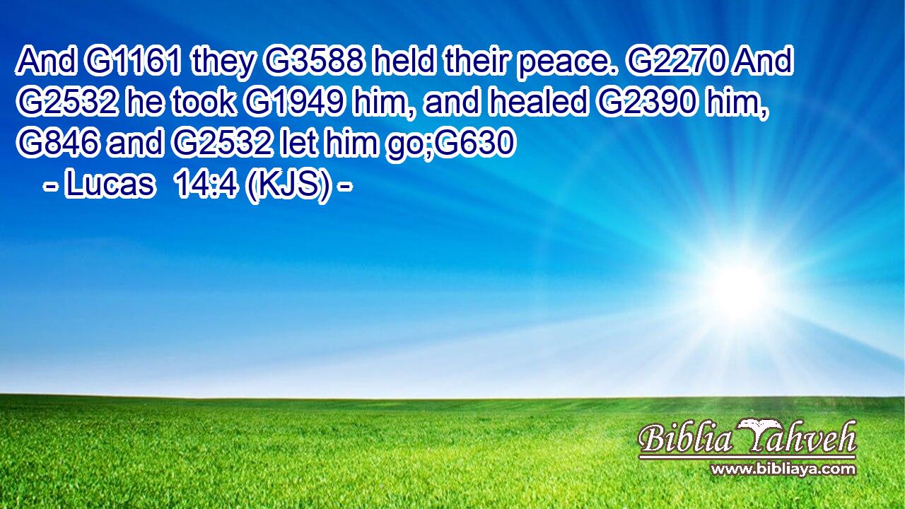 And G1161 they G3588 held their peace. G2270 And G2532 he took G1949 him, and healed G2390 him, G846 and G2532 let him go;G630