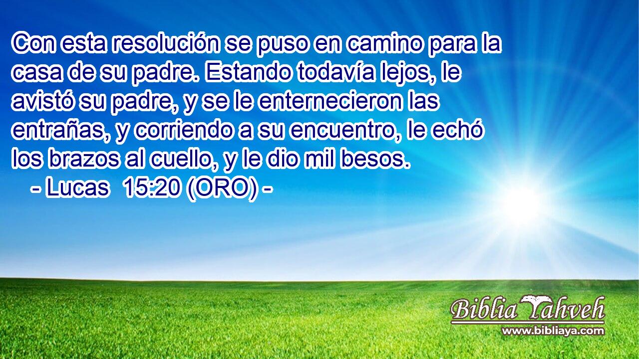  Con esta resolución se puso en camino para la casa de su padre. Estando todavía lejos, le avistó su padre, y se le enternecieron las entrañas, y corriendo a su encuentro, le echó los brazos al cuello, y le dio mil besos. 