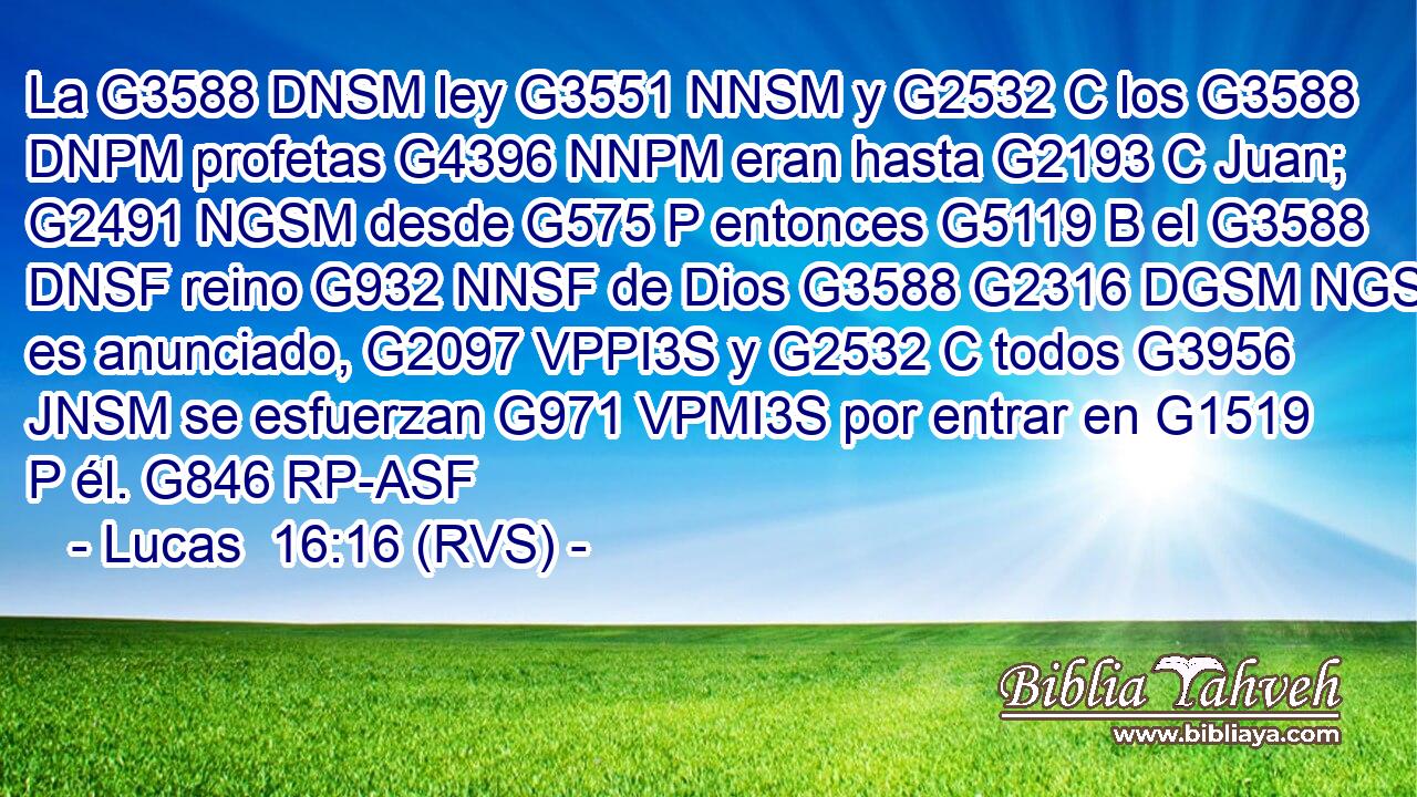 La G3588 DNSM ley G3551 NNSM y G2532 C los G3588 DNPM profetas G4396 NNPM eran hasta G2193 C Juan; G2491 NGSM desde G575 P entonces G5119 B el G3588 DNSF reino G932 NNSF de Dios G3588 G2316 DGSM NGSM es anunciado, G2097 VPPI3S y G2532 C todos G3956 JNSM se esfuerzan G971 VPMI3S por entrar en G1519 P él. G846 RP-ASF 
