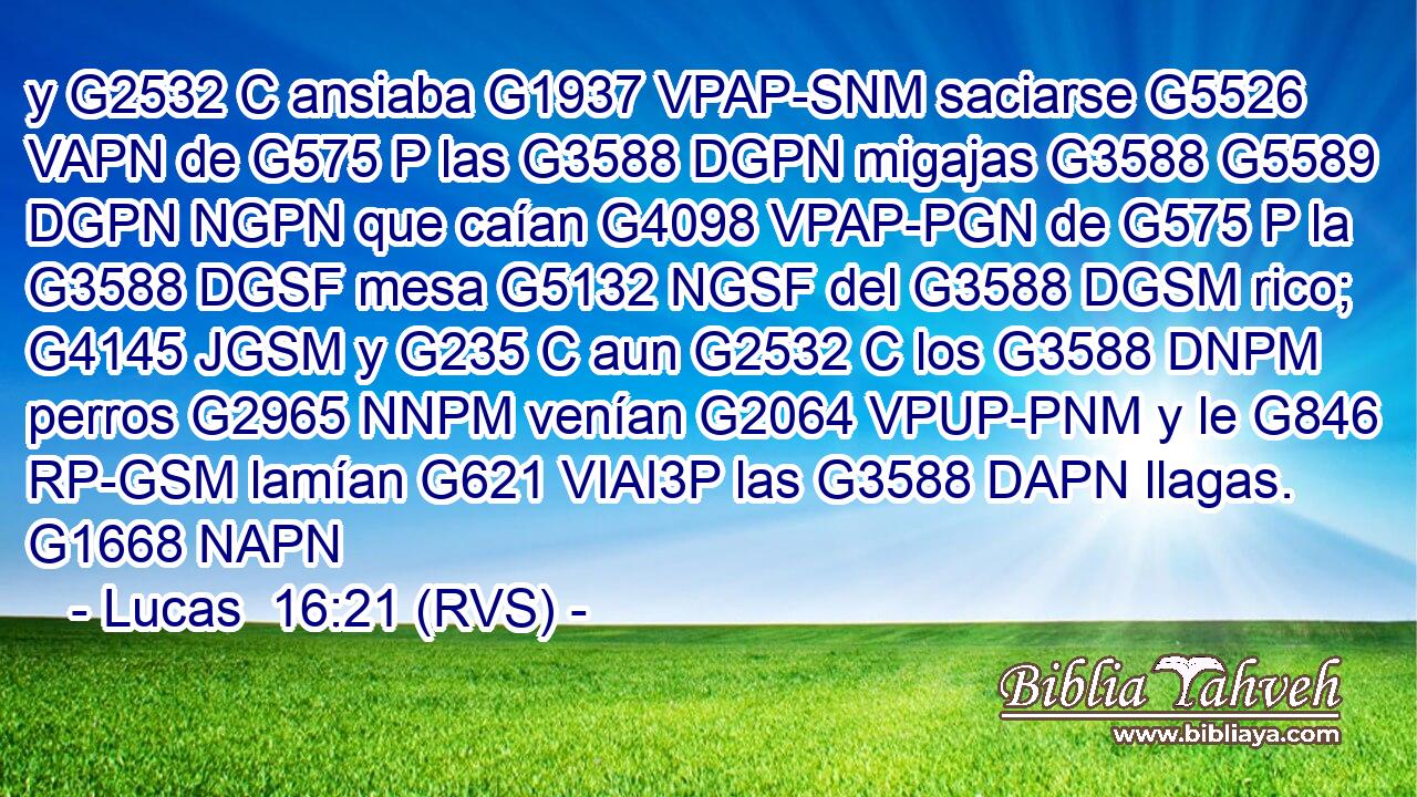 y G2532 C ansiaba G1937 VPAP-SNM saciarse G5526 VAPN de G575 P las G3588 DGPN migajas G3588 G5589 DGPN NGPN que caían G4098 VPAP-PGN de G575 P la G3588 DGSF mesa G5132 NGSF del G3588 DGSM rico; G4145 JGSM y G235 C aun G2532 C los G3588 DNPM perros G2965 NNPM venían G2064 VPUP-PNM y le G846 RP-GSM lamían G621 VIAI3P las G3588 DAPN llagas. G1668 NAPN 