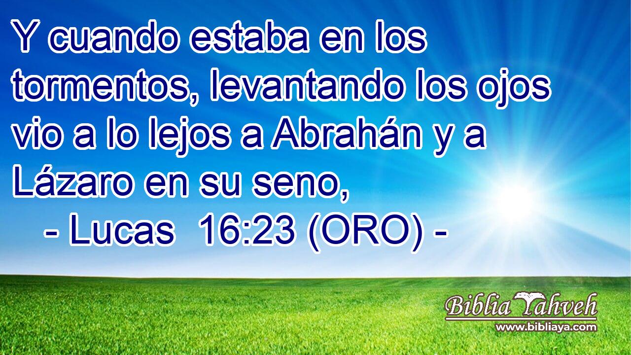  Y cuando estaba en los tormentos, levantando los ojos vio a lo lejos a Abrahán y a Lázaro en su seno, 