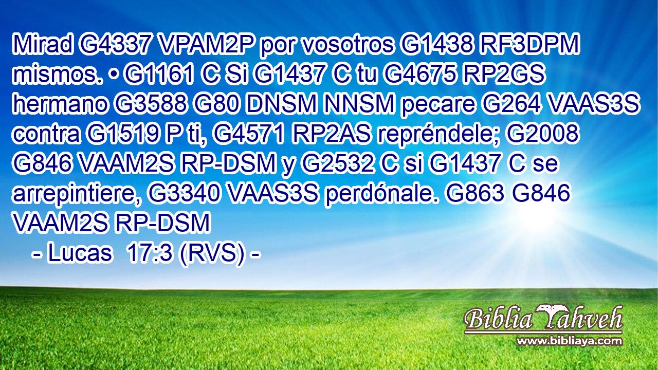 Mirad G4337 VPAM2P por vosotros G1438 RF3DPM mismos. • G1161 C Si G1437 C tu G4675 RP2GS hermano G3588 G80 DNSM NNSM pecare G264 VAAS3S contra G1519 P ti, G4571 RP2AS repréndele; G2008 G846 VAAM2S RP-DSM y G2532 C si G1437 C se arrepintiere, G3340 VAAS3S perdónale. G863 G846 VAAM2S RP-DSM 