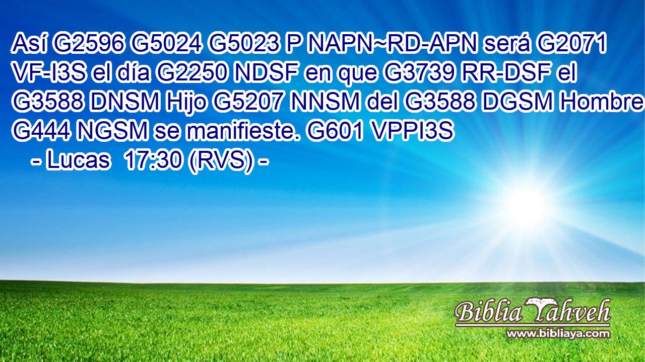 Así G2596 G5024 G5023 P NAPN~RD-APN será G2071 VF-I3S el día G2250 NDSF en que G3739 RR-DSF el G3588 DNSM Hijo G5207 NNSM del G3588 DGSM Hombre G444 NGSM se manifieste. G601 VPPI3S 