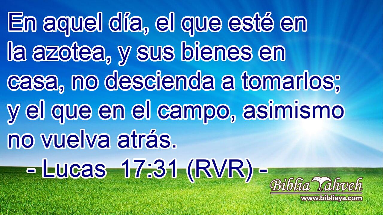 En aquel día, el que esté en la azotea, y sus bienes en casa, no descienda a tomarlos; y el que en el campo, asimismo no vuelva atrás.