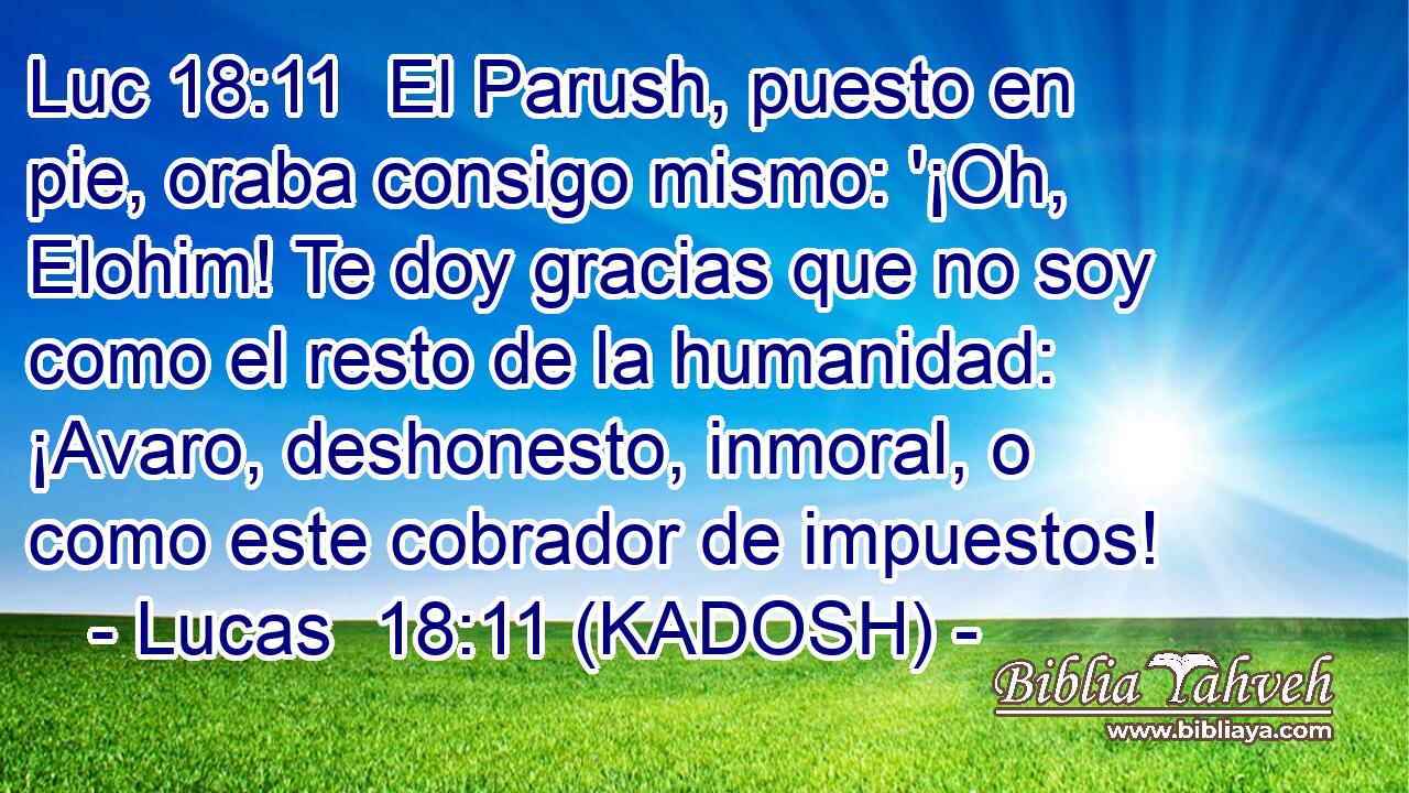  El Parush, puesto en pie, oraba consigo mismo: '¡Oh, Elohim! Te doy gracias que no soy como el resto de la humanidad: ¡Avaro, deshonesto, inmoral, o como este cobrador de impuestos! 
