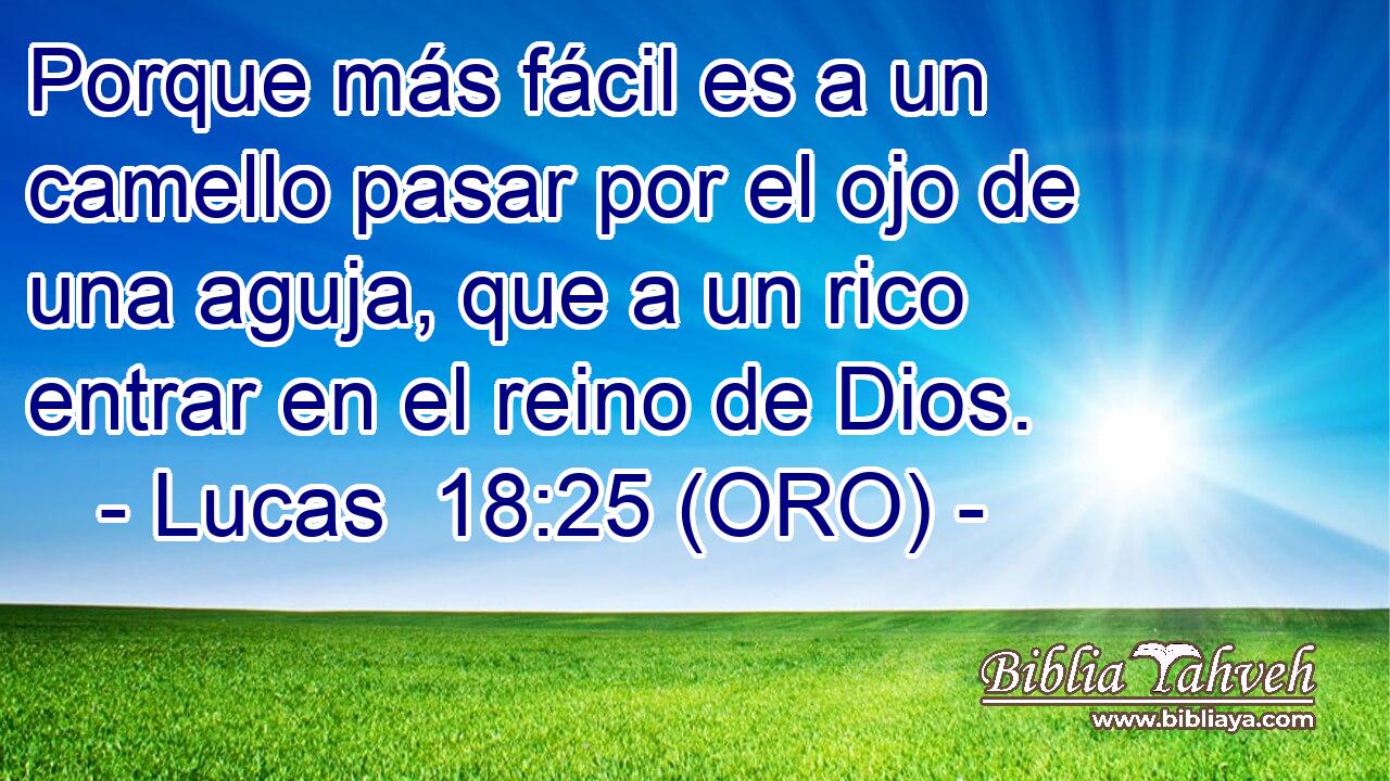  Porque más fácil es a un camello pasar por el ojo de una aguja, que a un rico entrar en el reino de Dios. 