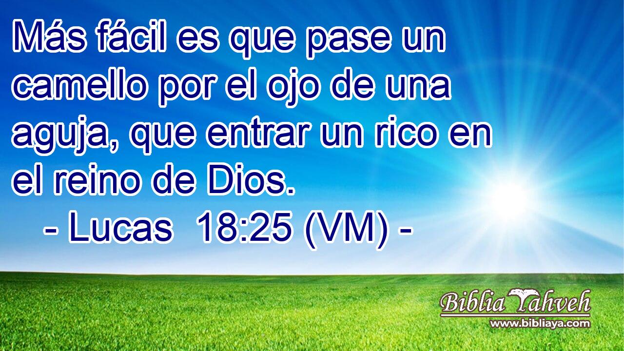  Más fácil es que pase un camello por el ojo de una aguja, que entrar un rico en el reino de Dios. 